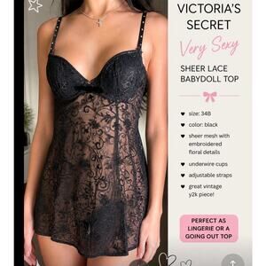 Victoria’s Secret Very Sexy Sheer Lace Babydoll Lingerie Black 34B